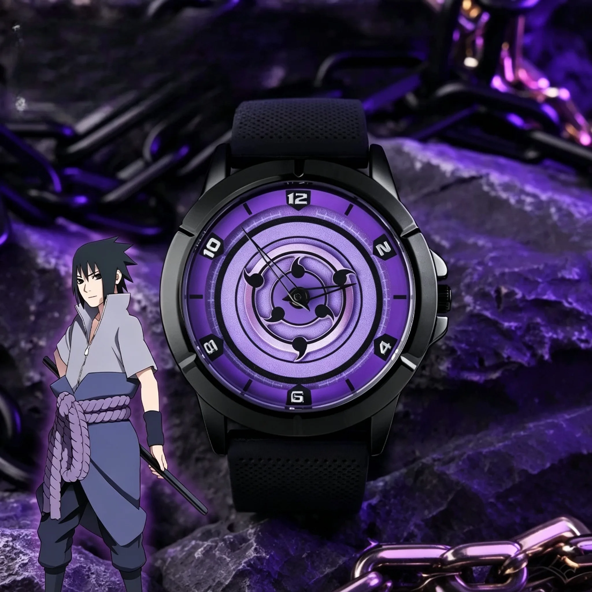 Anime Naruto Uchiha Itachi Sasuke Cosplay-Uhr, Armbanduhr mit drehbarem Zifferblatt, Gehäuse aus Legierung, 3-lagig, wasserdicht, Halloween-Geschenk