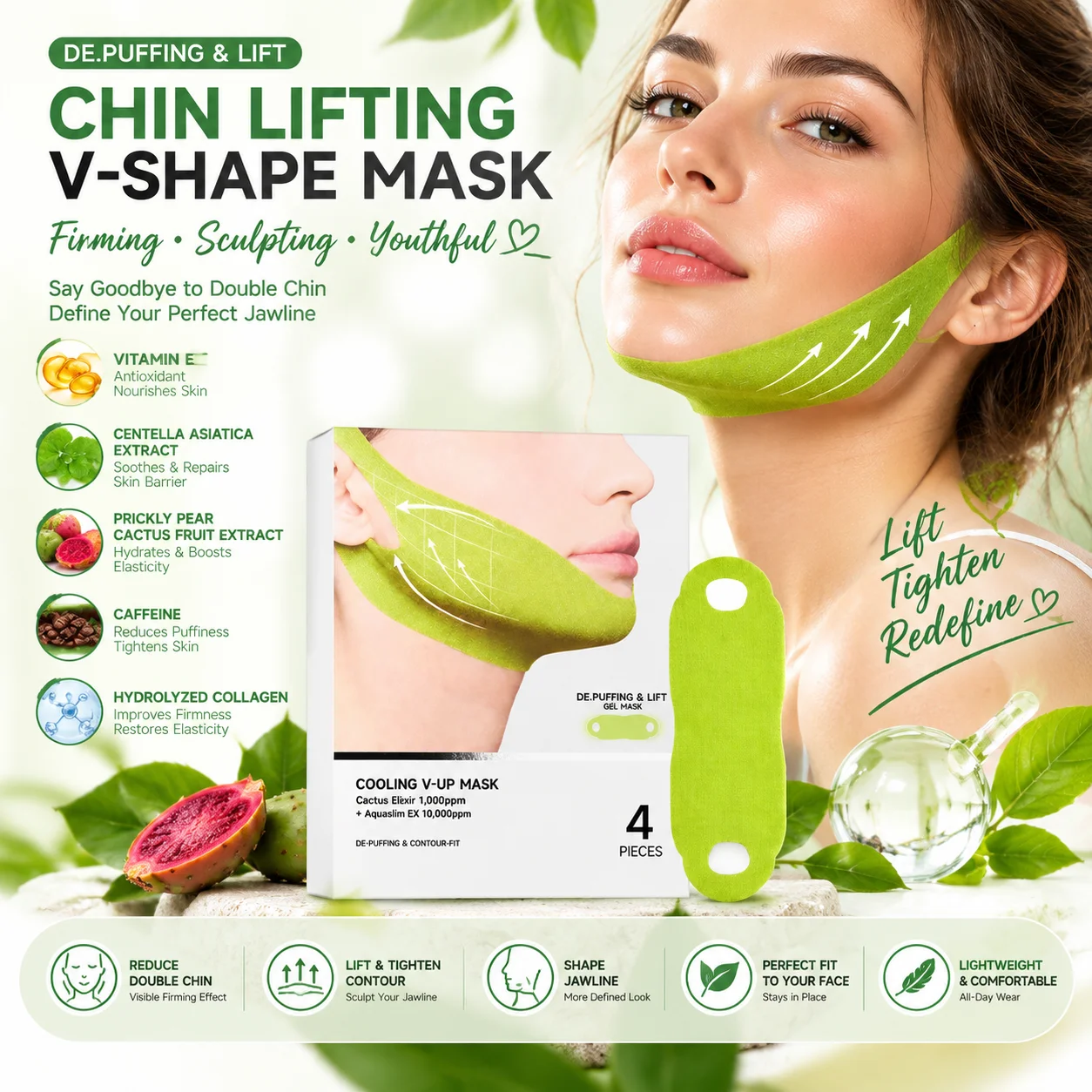 Centella Double Chin Mask V Shape Face Lift Care Moisturizing Facial Contouring Cooling Collagen 3D V Line Face Lifting Mask