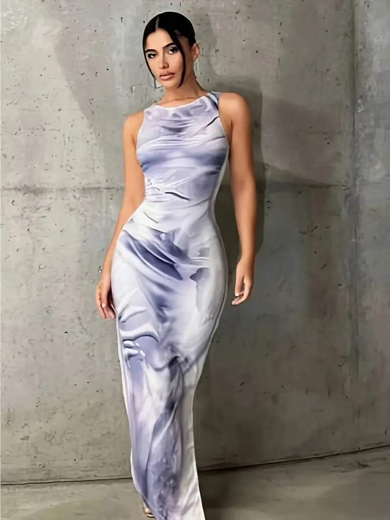 Schlankes, ärmelloses langes Kleid mit Rundhalsausschnitt und figurbetontem Design mit seitlichem Schlitz zur Betonung der Figur, elegantes Abendkleid für Damen