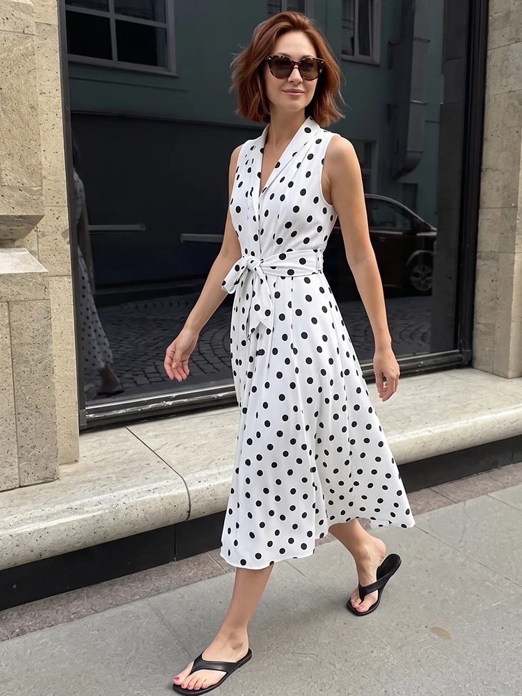 HH French Vintage Polka Dot Midi Dress Summer Lapel Front Wrap-around A-line Dress With waist For Daily Office Vacation Casual