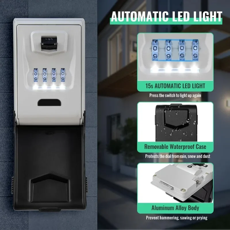 Outdoor Wall Mounted Key Safe Waterproof Lighted Security Lock Box 4 Digit Combination Security Key Storage Box for Home Garage