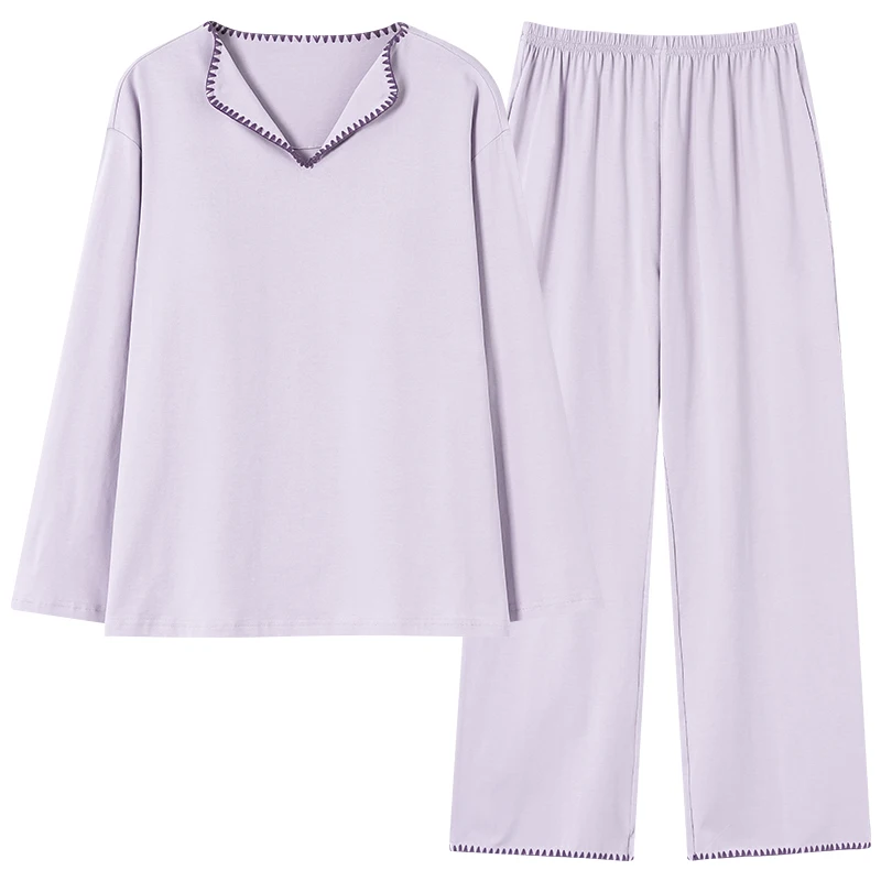 With Chest Pad Women Solid Color Pajamas Sets Cotton Sleepwear Long Sleeve Tops+Long Pants Pijamas Mujer Simple Home Clothing