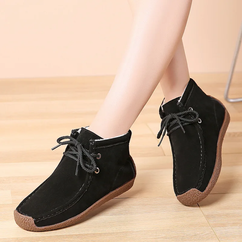 

Зимние женские ботильоны на мягкой подошве с плюшем на шнуровке, женские туфли на плоской подошве в стиле ретро, теплые кроссовки ручной работы из натуральной коровьей кожи