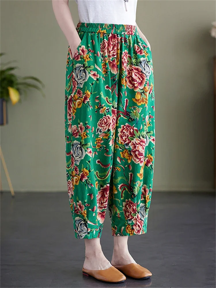 Fashion Women's Chinese Traditional Vintage Style Loose Casual Thin Pants Female Cotton Linen Floral Print Ankle Trousers A244