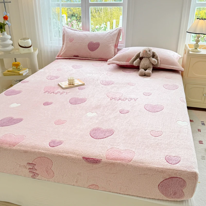 Warm Bedsheet Melange Velvet Fitted Sheet Cute Printed Bed Cover Elastic Mattress Protector couvre lit (Pillowcase Need Order)