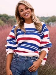 Women's Fall Autumn Casual Contrast Color Vacation Striped Drop Shoulder Crewneck Long Sleeve Sweater Pullover