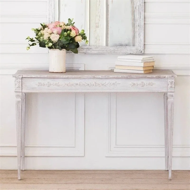 French retro solid wood washed white old guest restaurant entrance table foyer cabinet