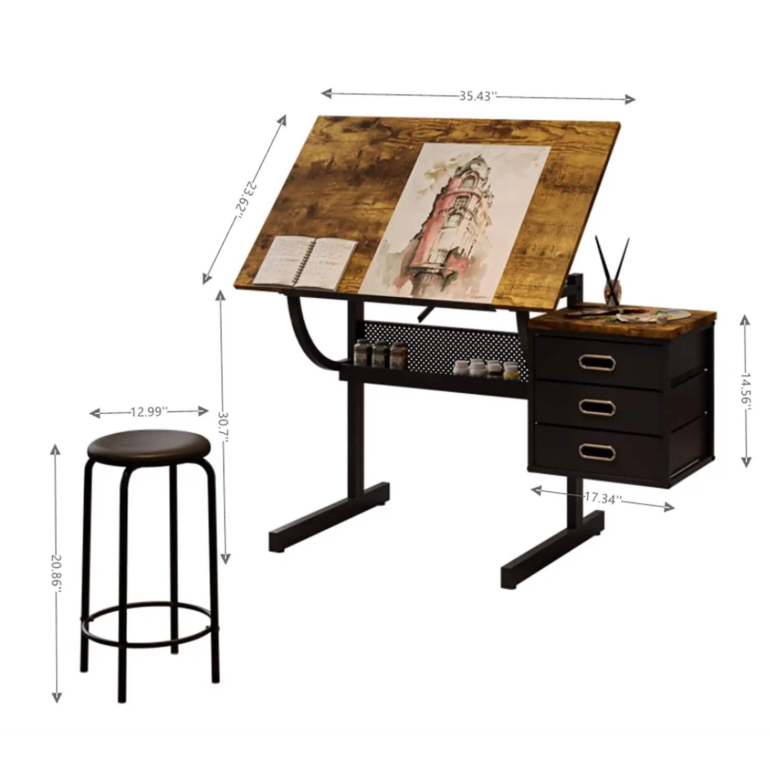 Adjustable Drafting Table with Drawers and Stool for Adults/Artists, Brown