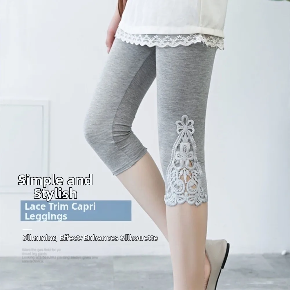 Activewear Hollow Lace Stretch Leggings 3/4 Length High Waist Yoga Pants Elastic Tights Sports Fitness