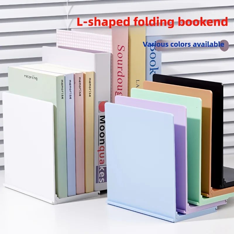 2pcs Foldable L-Shaped Bookends with Dividers - Portable PP Material, Ideal for Home Office Organization,  Book Organization
