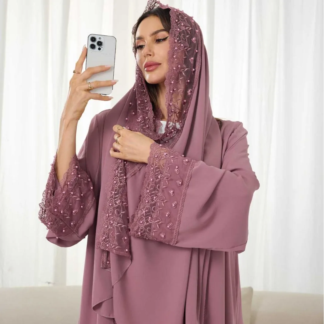 

Luxurious Floral Embroidered Dubai Hijab Abaya Two Piece Muslim Outfit Set Elegant Islamic Holiday Jalabiya Dress Turkey Kaftan