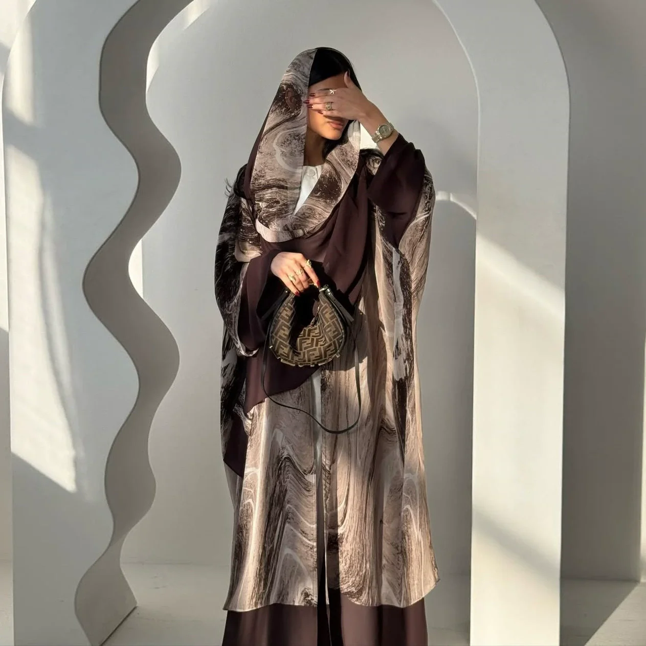 Jaqueta cardigã abaya estampada marrom com capuz islâmico, robe casual elegante com capuz, robe dubai feminino muçulmano