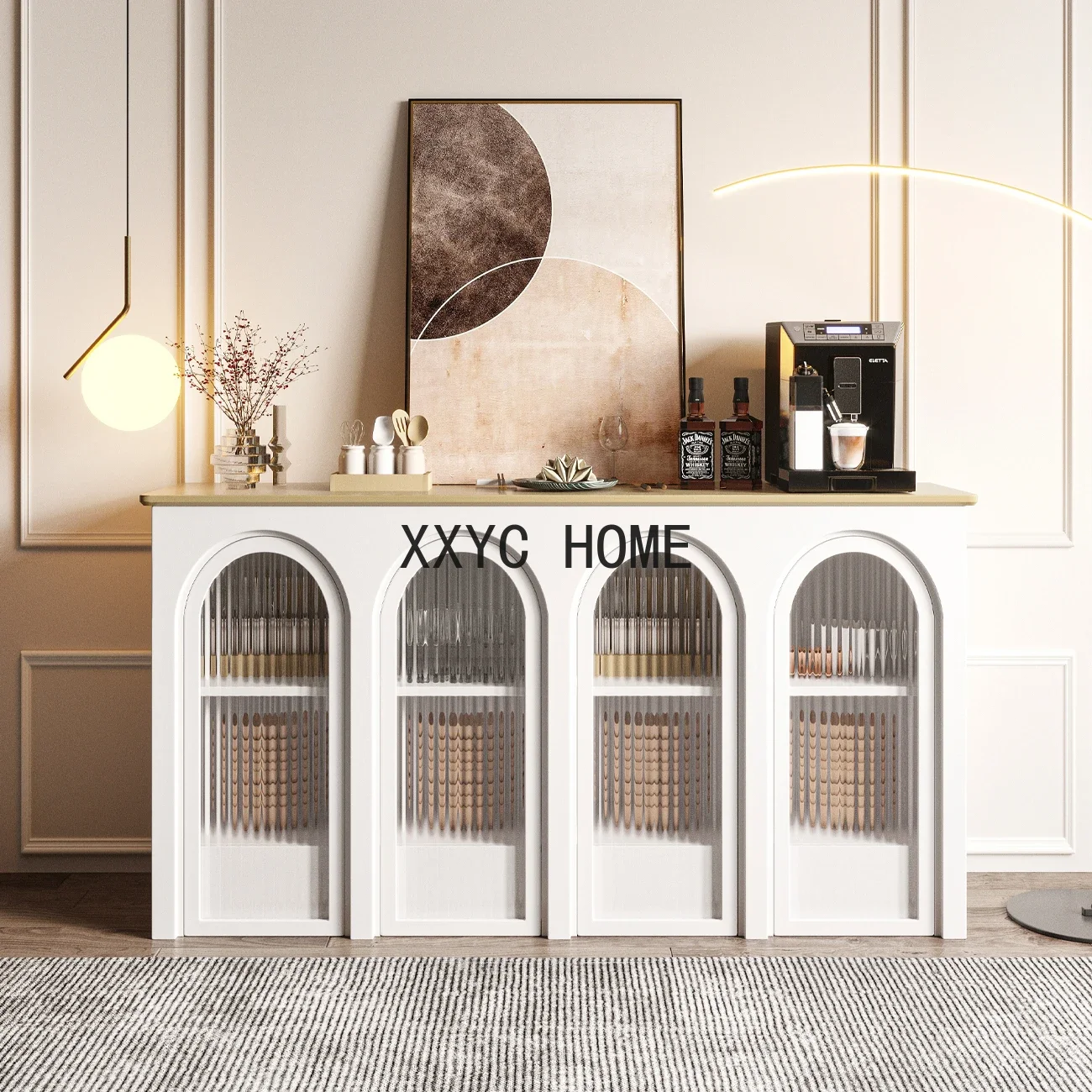 

French Sideboard Restaurant Floor Standing Storage Mid-Ancient Curio Cabinet Light Luxury Arched Solid Wood Entrance Cabinet