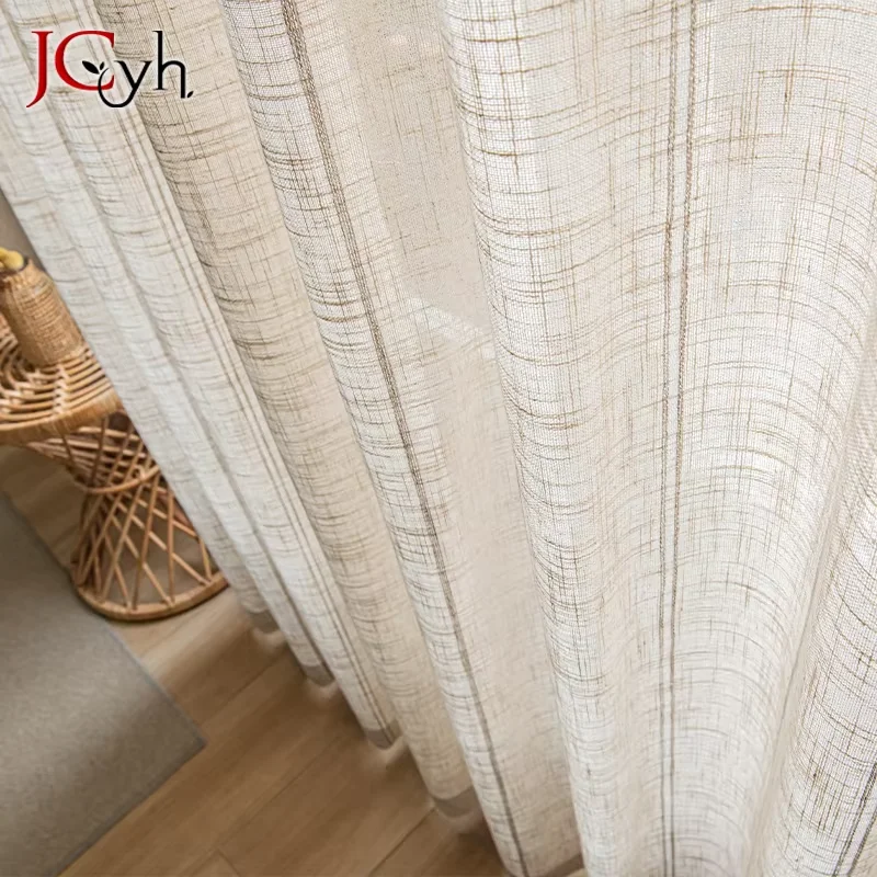 Striped Tulle Sheer Curtains for Living Room Japanese Voile Curtain for Kitchen Linen Texture Firany Cortinas Home Decor