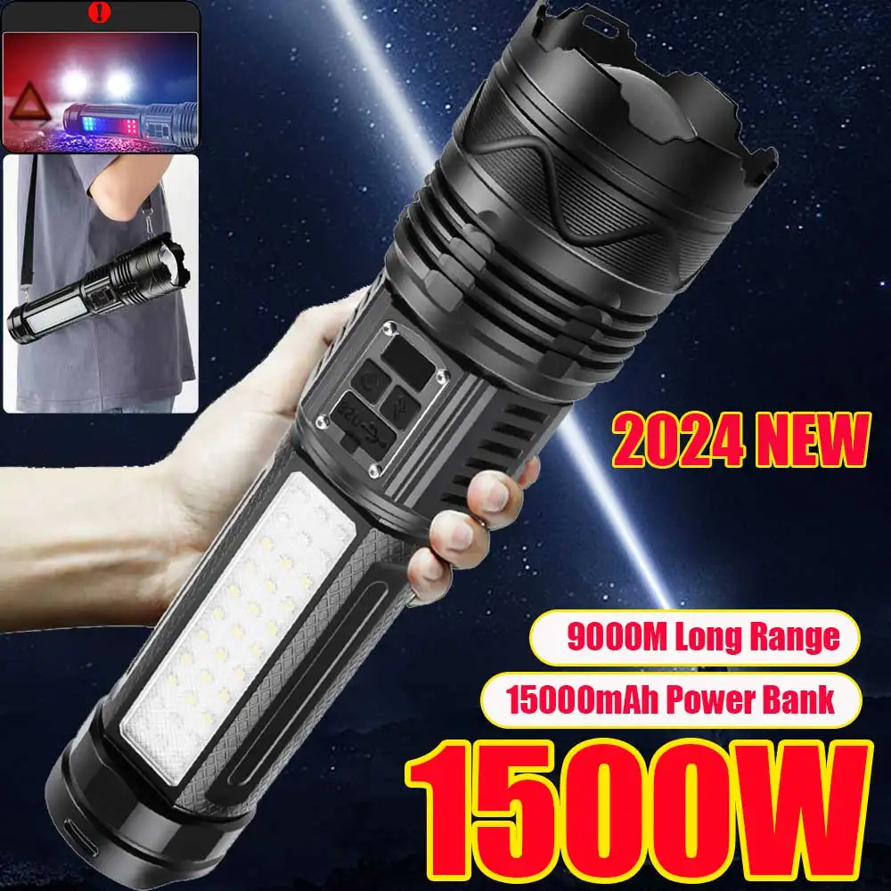 

10000M 1500W 1000000LM Rechargeable Led Flashlight Power Bank Function Zoomable Tactical Torch with COB Side Light for Camping