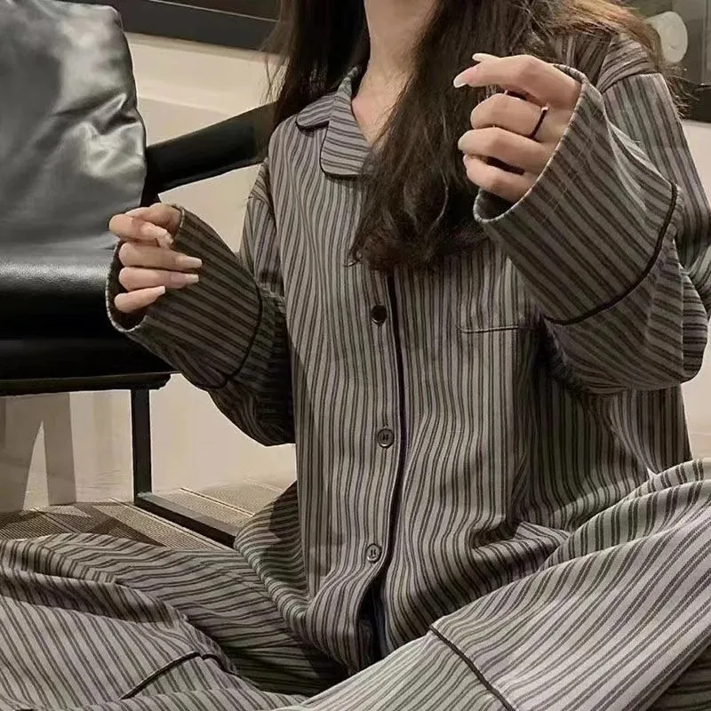 Pajamas for Women in Spring and Autumn Long Sleeved Striped Thin Design Can Be Worn Externally Student Sleepwear Two Piece Set