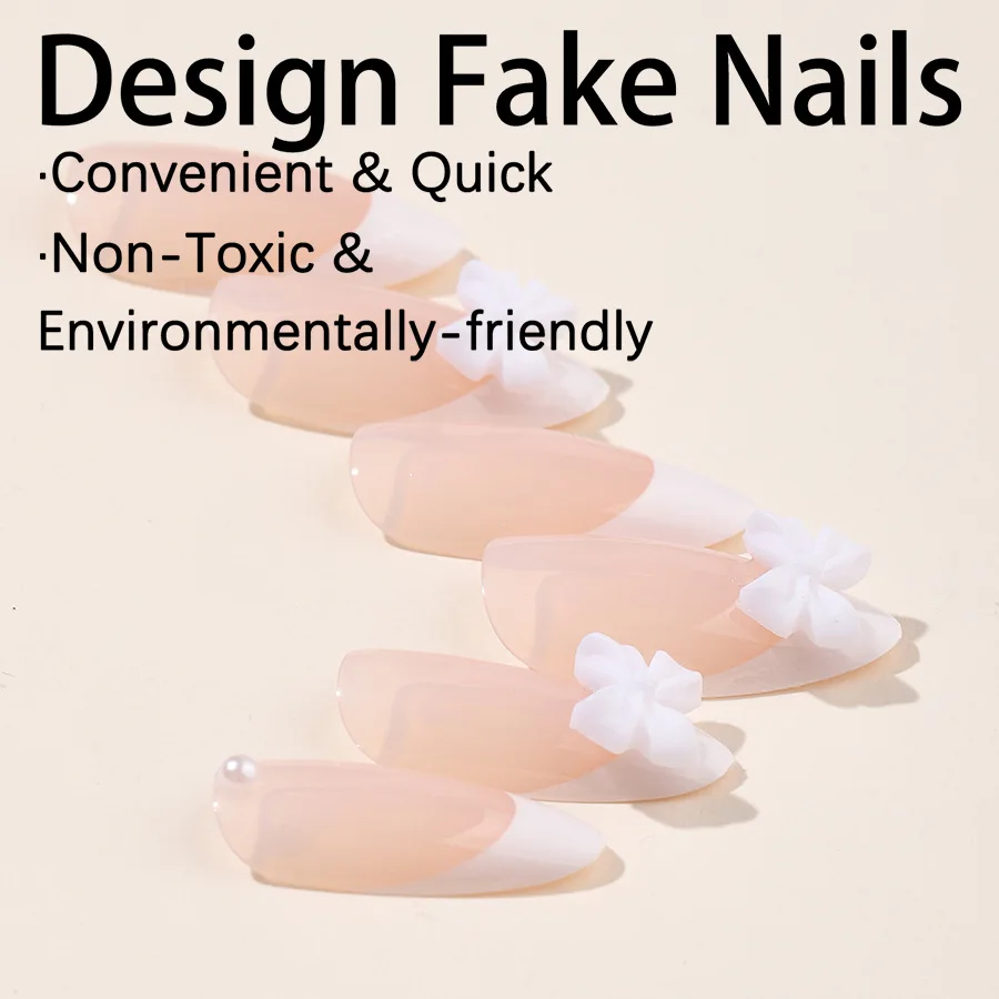 Witte Franse Stijl Nep Nagels Nude Kleur Amandelpers Op Nagels 3d Strik Ontwerpen Elegante Bruiloft Draagbare Manicure Voor Vrouw