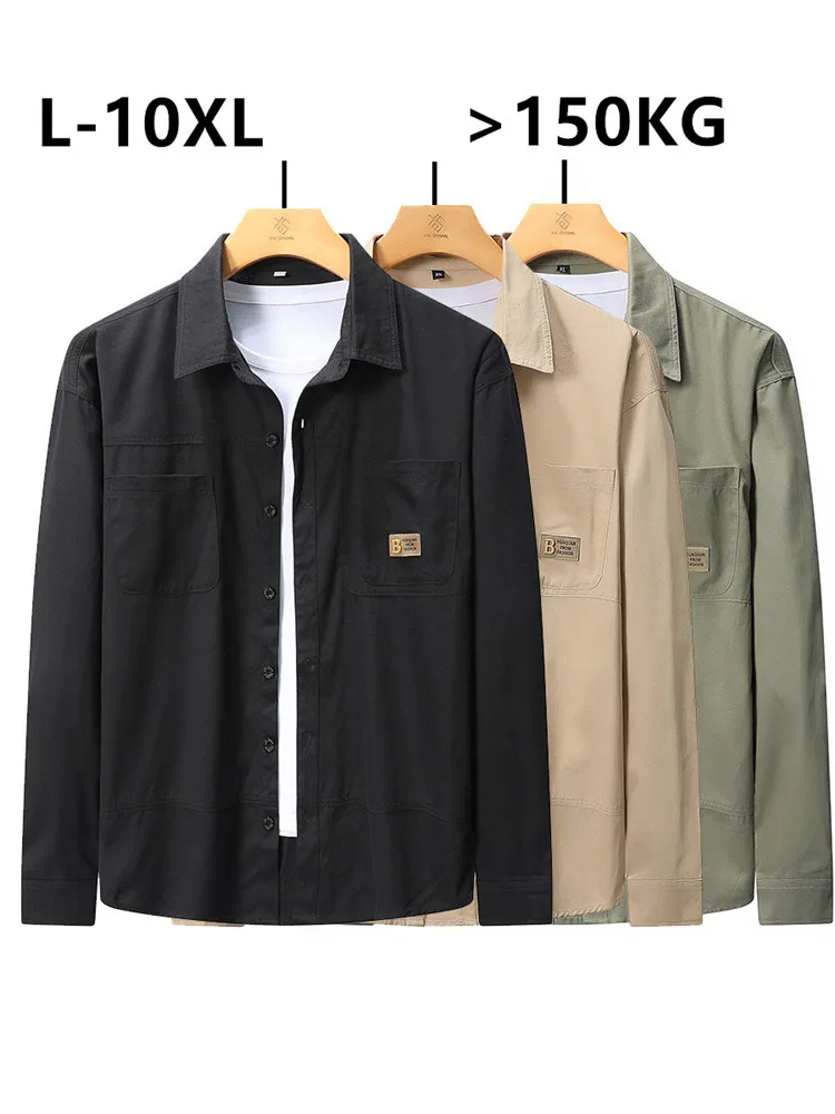 

Мужские хлопковые рубашки, повседневные 10XL, 9XL, 8XL, большие размеры, с длинным рукавом, свободный отложной воротник, модная мужская блузка большого размера, одежда-карго