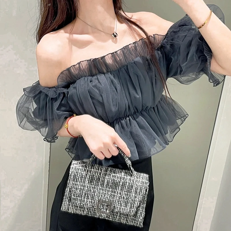 

Japanese Short Fresh Solid Color Blusas De Mujer Japanese Chiffon Slash Neck Blouse Women Ruffle Off Shoulder Sexy Shirts Tops
