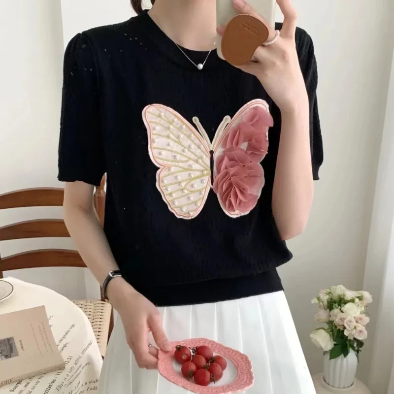 Embroidered Flares Butterfly Hollow Out Summer Women\'s 2024 Pullover O-Neck Patchwork Fashion Slim Short Sleeved T-Shirts Tops