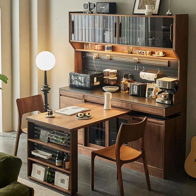 North American black walnut side cabinet rotatable dining table hidden integrated wall solid wood living room bar