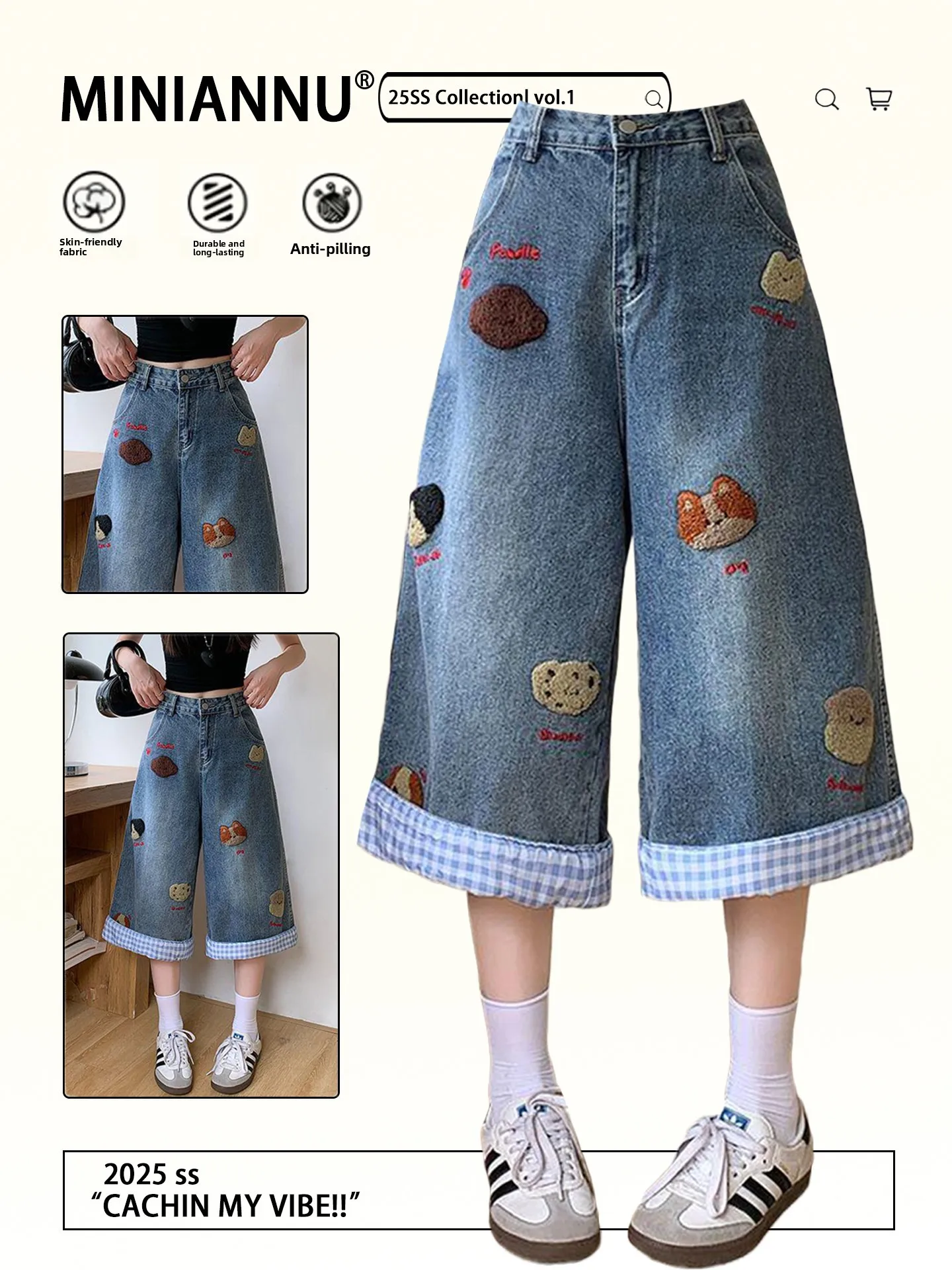 

American Style Street Retro Blue Cartoon Embroidered Wide Leg Jeans Women Summer Meat Conceal Slimming Student Seven Shorts