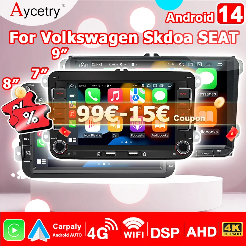 Autoradio Android 14 Auto 7 ''8'' 9'' Carplay 2 DIN Per VW Volkswagen Amarok SKODA Fabia Limousine Roomster SEAT Multimedia GPS