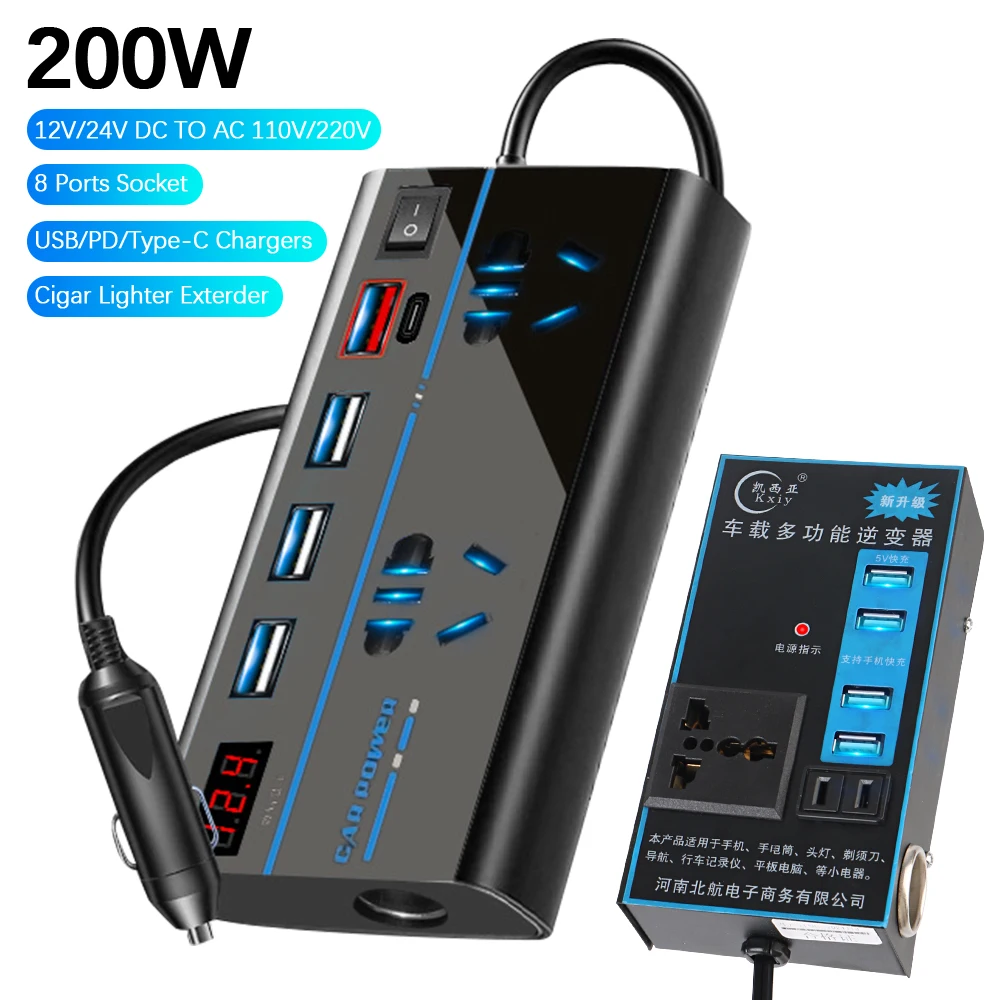 DC 12V/24V to AC 110V/220V Converter USB/PD/Type-C Chargers 200W 8 Ports Sockets ON/OFF Switch Power Adapter Car Inverter QC 3.0