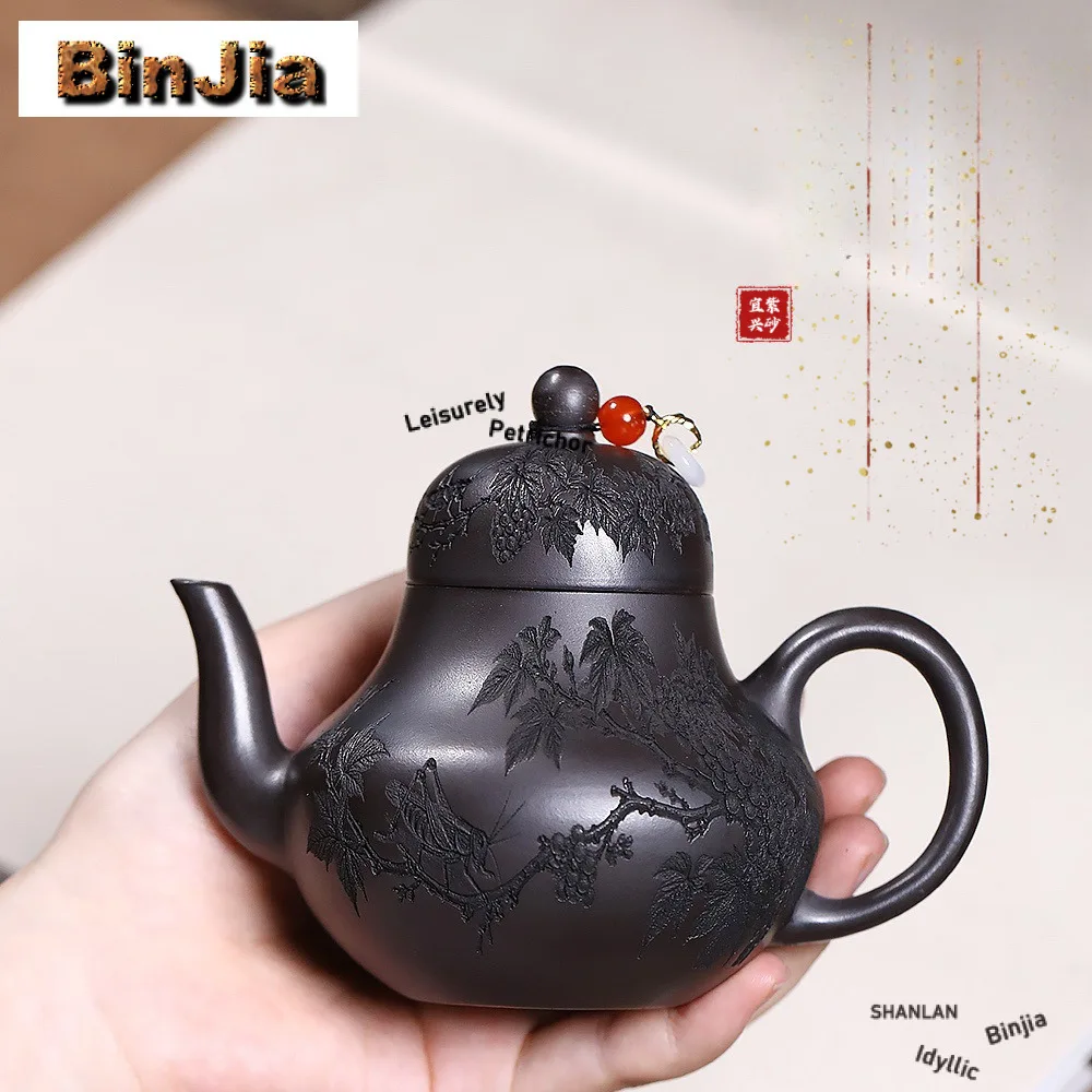 

190 мл Процветающие фиолетовые глиняные чайники Исин, резьба ручной работы, саранный горшок, необработанная руда, черный железный камень, желтый грязевой чайник, чайный сервиз Zisha