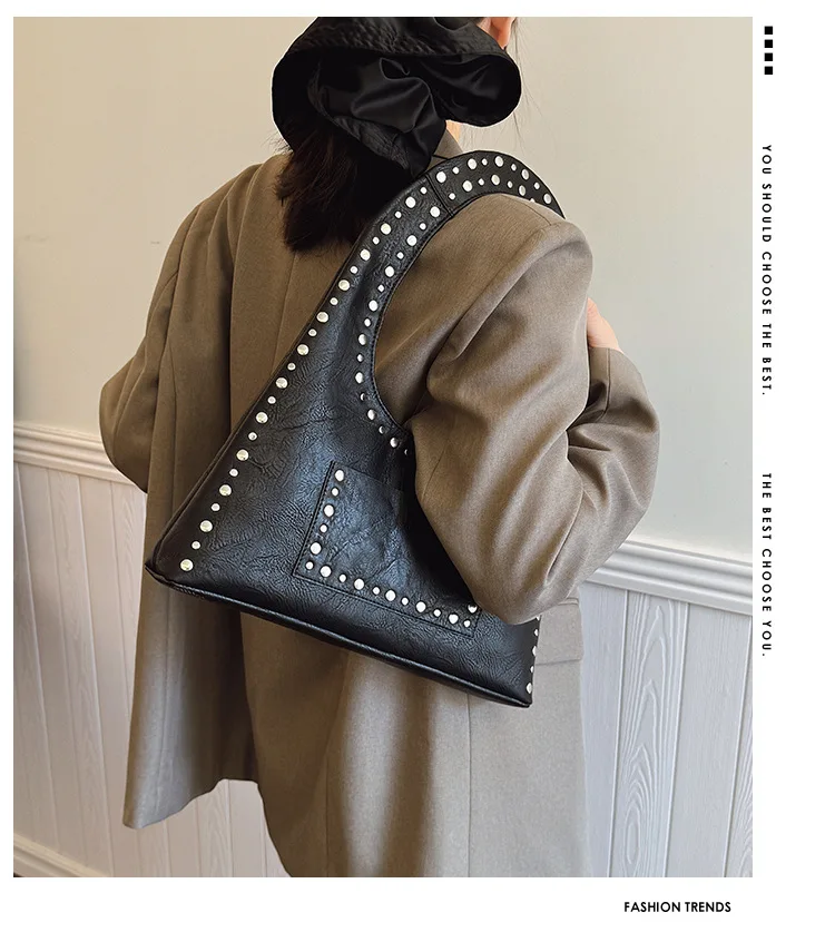 

Retro Rivet Shoulder Underarm Bag, Fashion Girl Motorcycle Bag, Waxed Leather Simple Design Style Large Capacity Pocket Tote Bag