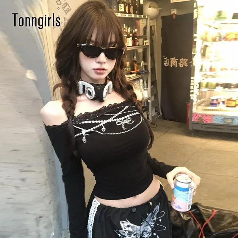 Tonngirls Harajuku Print T Shirt Women Skinny Graphic Tops Lace Y2k Aesthethic Vintage Tshirts Streetwear Grunge Tops Japanese