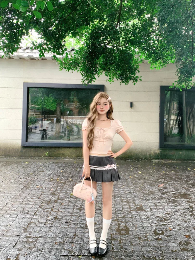 Women's Summer Sweet Button-up Top Slim-Fitting Contrast Lace Stitching Bow Square Collar T-shirt Y2K Korean Style Tees