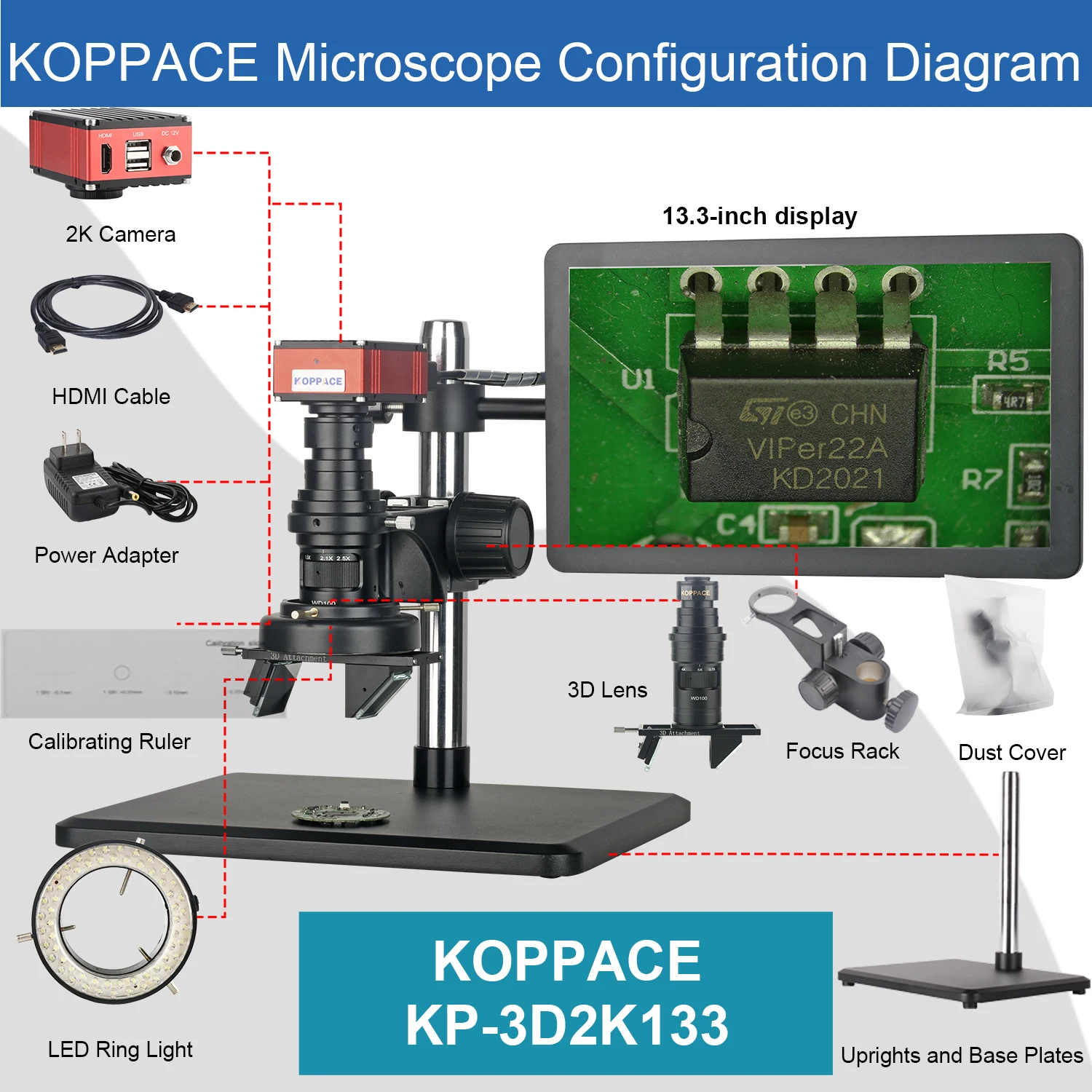 Microscopio elettronico di misura 3D KOPPACE 12X-84X 360 °   Interruttore libero rotante 2D/3D