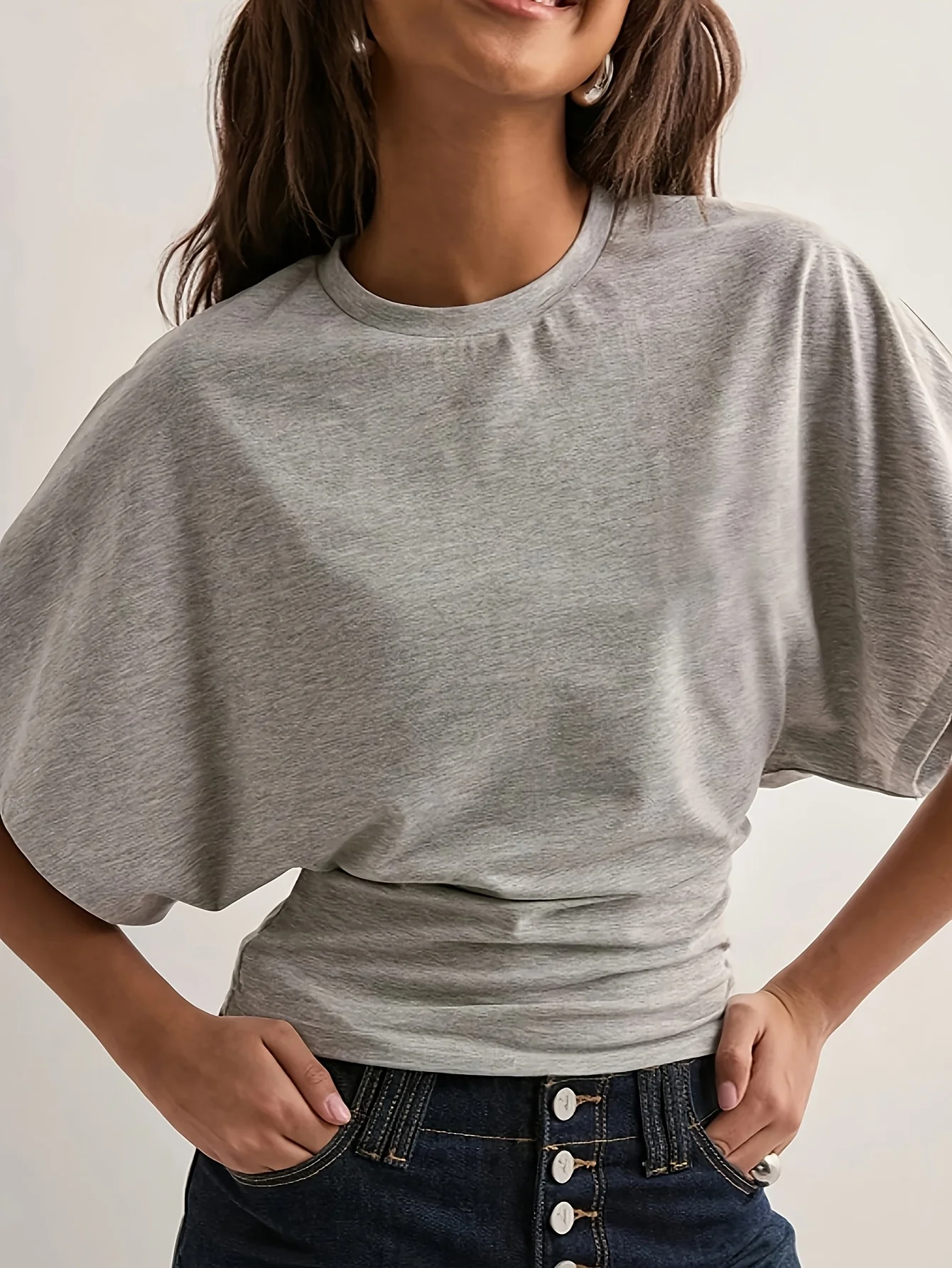 Elegant Directed Women's Summer New Knitted Solid Color round Neck Loose Batwing Sleeve Fashion T-Shirt