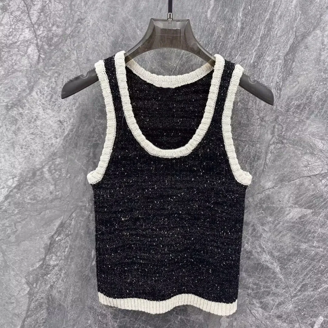 

2025 New Fashion Summer Patchwork Black Knitted Tank Tops Women Oneck Sleeveless Slim Sweet Vest