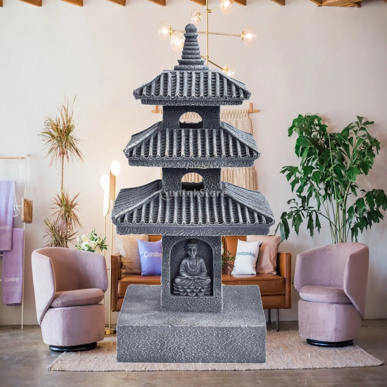 Chinese Pagoda Stone Tower Solar Light Outdoor Garden Sculpture Resin Figurine for Terrace Patio Yard