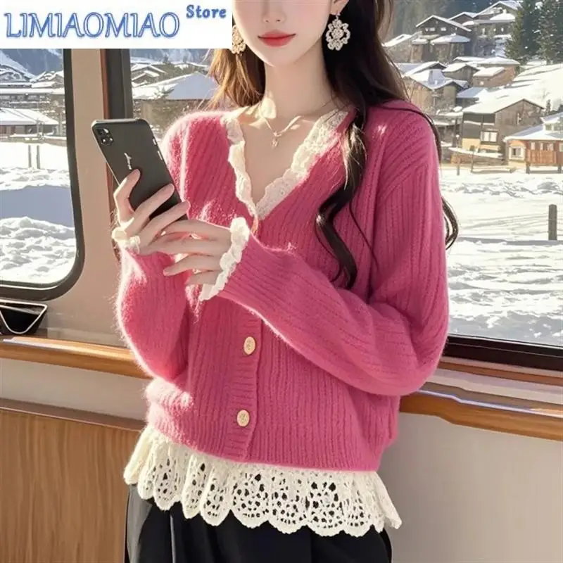 

Spring And Autumn Unique And Beautiful Knitted Top Is Lazy And Has A High Sense Of Fragrance Pink Mink And Mao Mao Coat