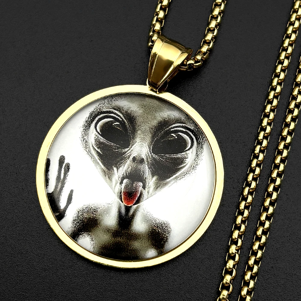Lustige Alien-Gesicht-Anhänger-Halskette für Damen und Herren, Edelstahl, Glas, Schwarz, Punk, Goth, Herrenkette, Party, Hiphop, Schmuck, Geschenk – Detail 5