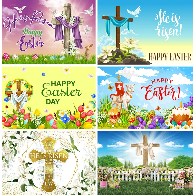 

He is Risen Backdrop Happy Easter Spring Flowers Decoration Banner Jesus Resurrection Cross Wall Background for Photography 2024