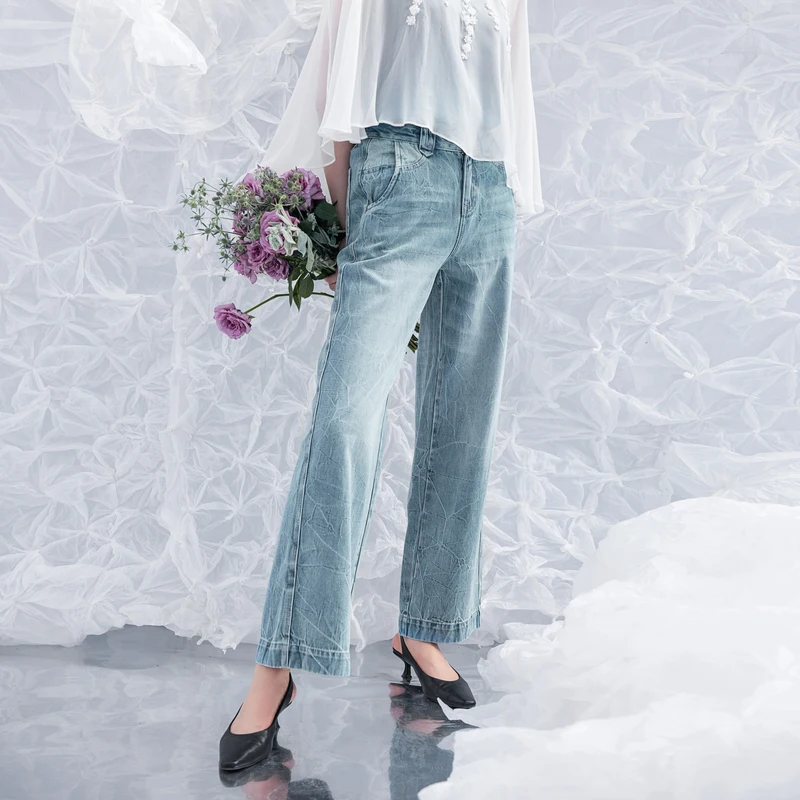 A Life On The Left Women Jeans High Waist Straight Loose Wide Leg Pants 100% Cotton Casual Versatile Denim Blue Trousers