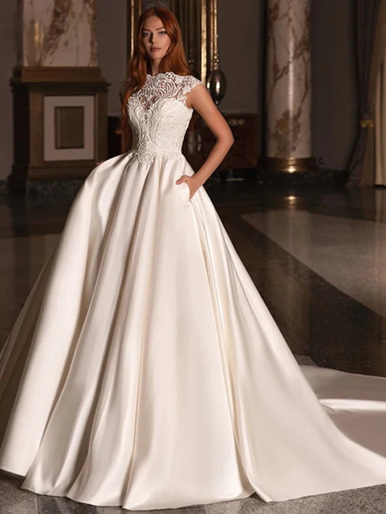 Elegant Wedding Dress Satin With Embroidery A-Line Ballgown Sleeveless High-Neck Customized Bridedress Button Robe MariéE Satin