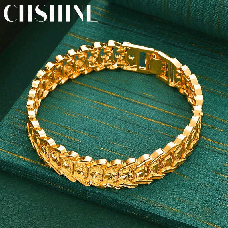 925 Sterling Silver 18K Gold  Wide Engraved Watch Strap Bracelet Box Clasp for Women Classic Vintage Jewelry Gift
