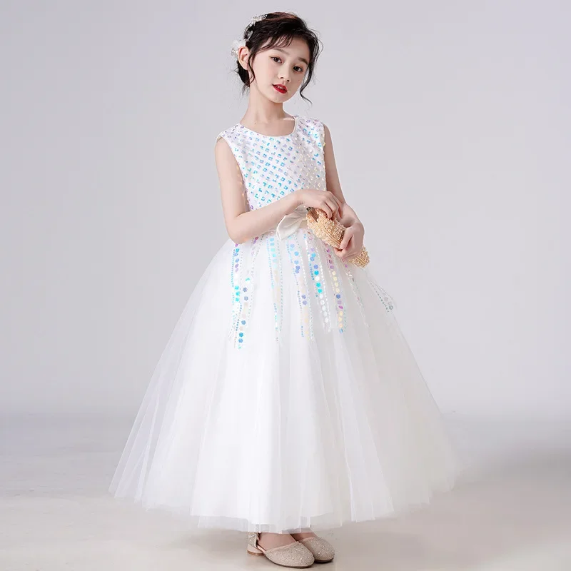 Girls Christmas Gala Wedding Concert Elegant Party Princess Dresses White Sequin 5 7 9 12 To 13 14 Years Old Children's Costume