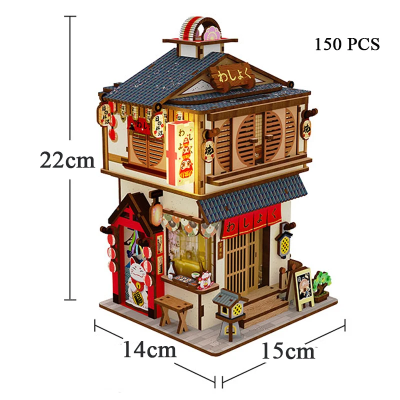 Diy 3d quebra-cabeça de madeira restaurante japonês caixa armazenamento desktop kits modelo em miniatura casa quebra-cabeças para amigos presentes aniversário