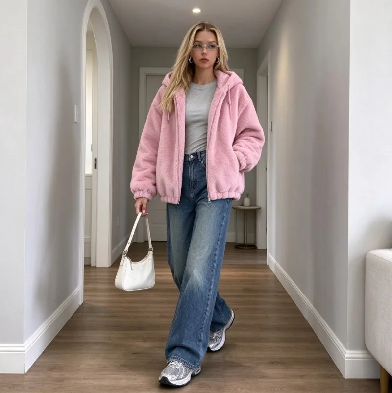 Women Faux Fur Coats Mid Length Jackets Hooded Coat Jacket Zipper Casual Outerwear Autumn Winter Thick Warm Y2k Streetwear