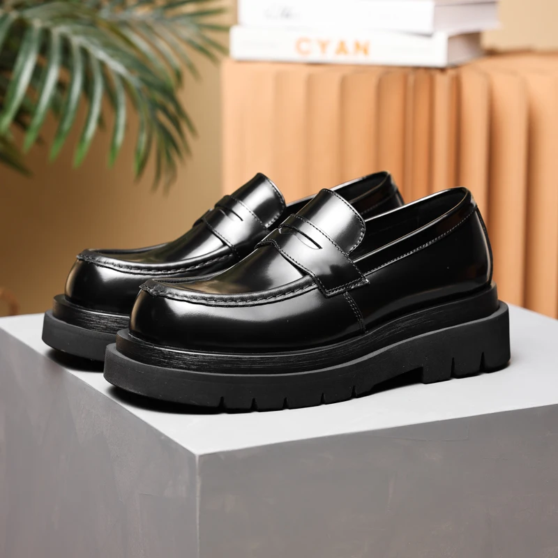 

Fashion Platform Round Toe Black Dress Shoes Genuine Leather Casual Shoes Mens Wedding Shoes