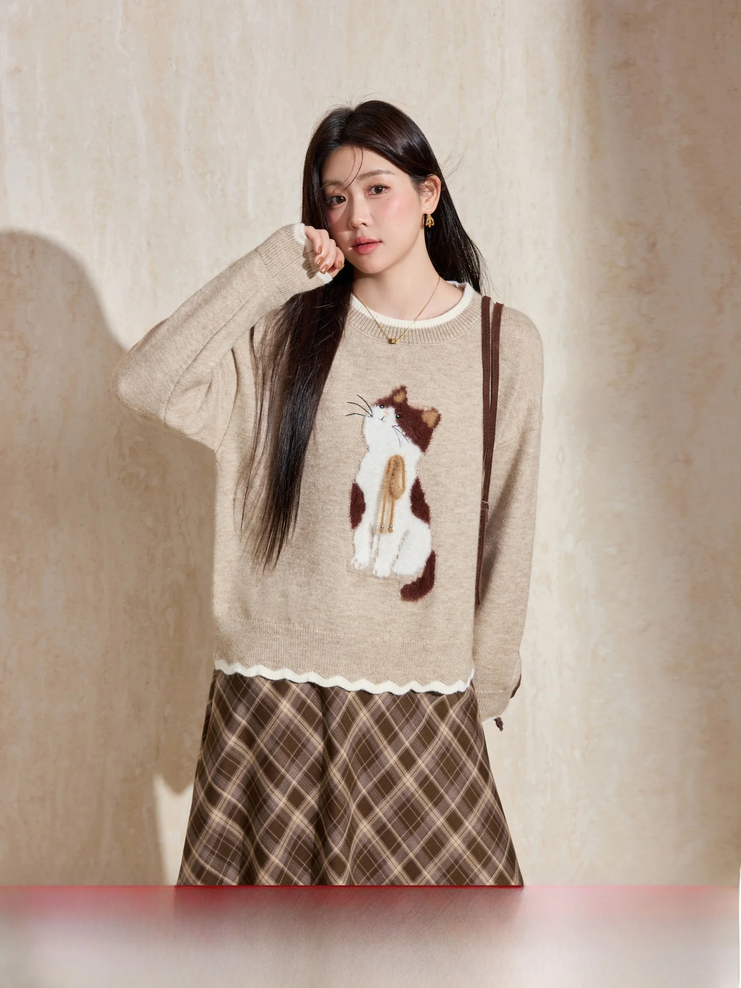 

Свободный крой круглый вязаный свитер с узором Blue Language Весна 2026, удобный топ для похудения больших размеров