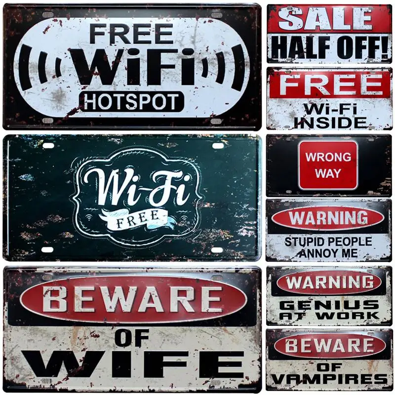 Be Ware Free WIFI Warning Signs Classic Shabby Metal Car Plate License Bar Pub Cafe Crafts Wall Plaques Decor Man Garage Signs