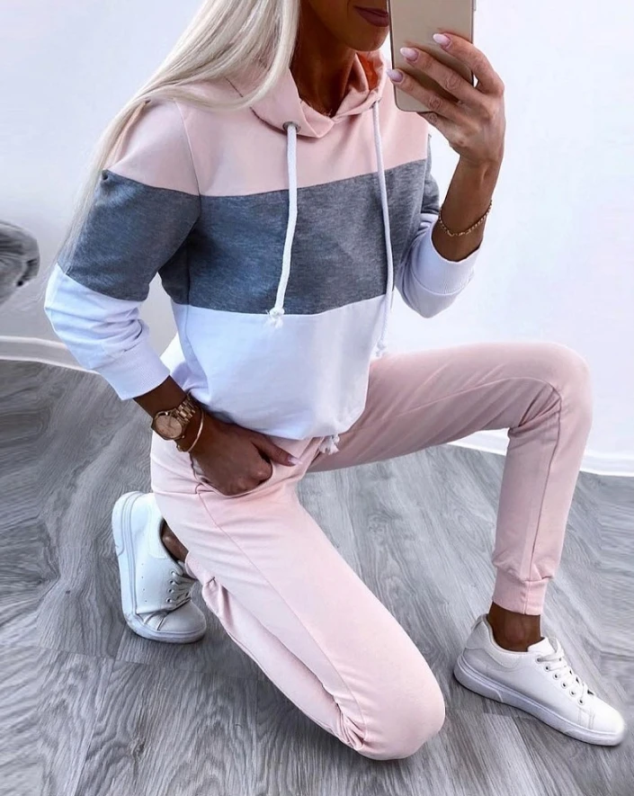 2 Piece Colorblock Long Sleeve Hoodie Cuffed Casual Pants with Pockets Tracksuit