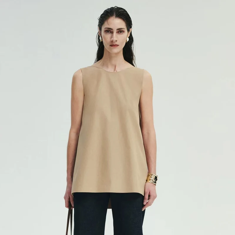 Summer New O- Neck 100% Cotton Fabric Bone Feeling Exposed Back + Pressure Pleated Sleeveless Umbrella Shaped Women's Top S-XL